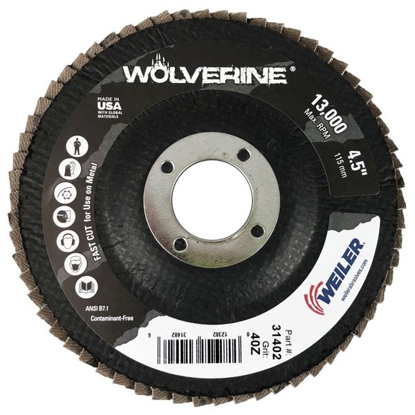 Weiler 4-1/2" Abrasive Flap Disc, Flat (TY27), Phenolic Backing, 40Z, 7/8" 31402